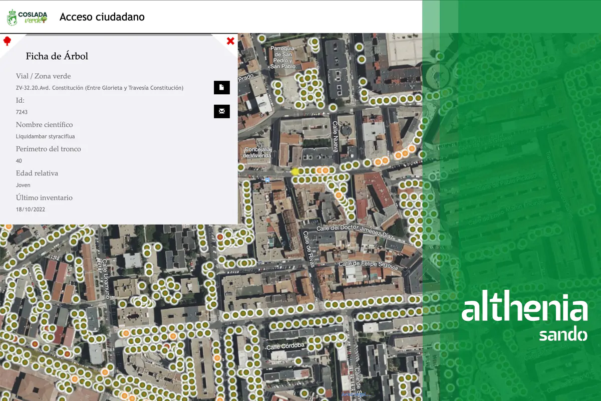 Arbomap es el resultado del ejercicio de inventariado y cartografiado de todo el arbolado situado en el término municipal de Coslada que ha realizado Althenia Sando. La aplicación contempla las reposiciones, nuevas plantaciones y permite geolocalizar los árboles de titularidad municipal.